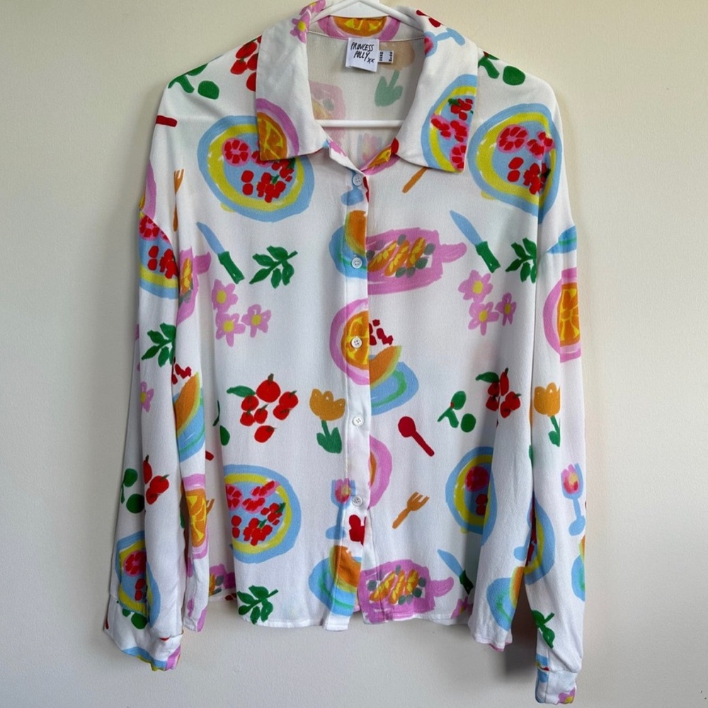 Princess Polly Luncheon Shirt Button Front Top Long Sleeve White Multicolor Sz 6